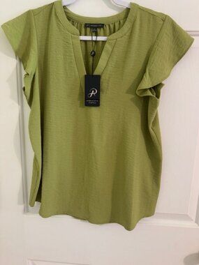 NWT Adrianna Papell Lemongrass Woven Airflow Flutter Sleeve V-Neck Top Sz S